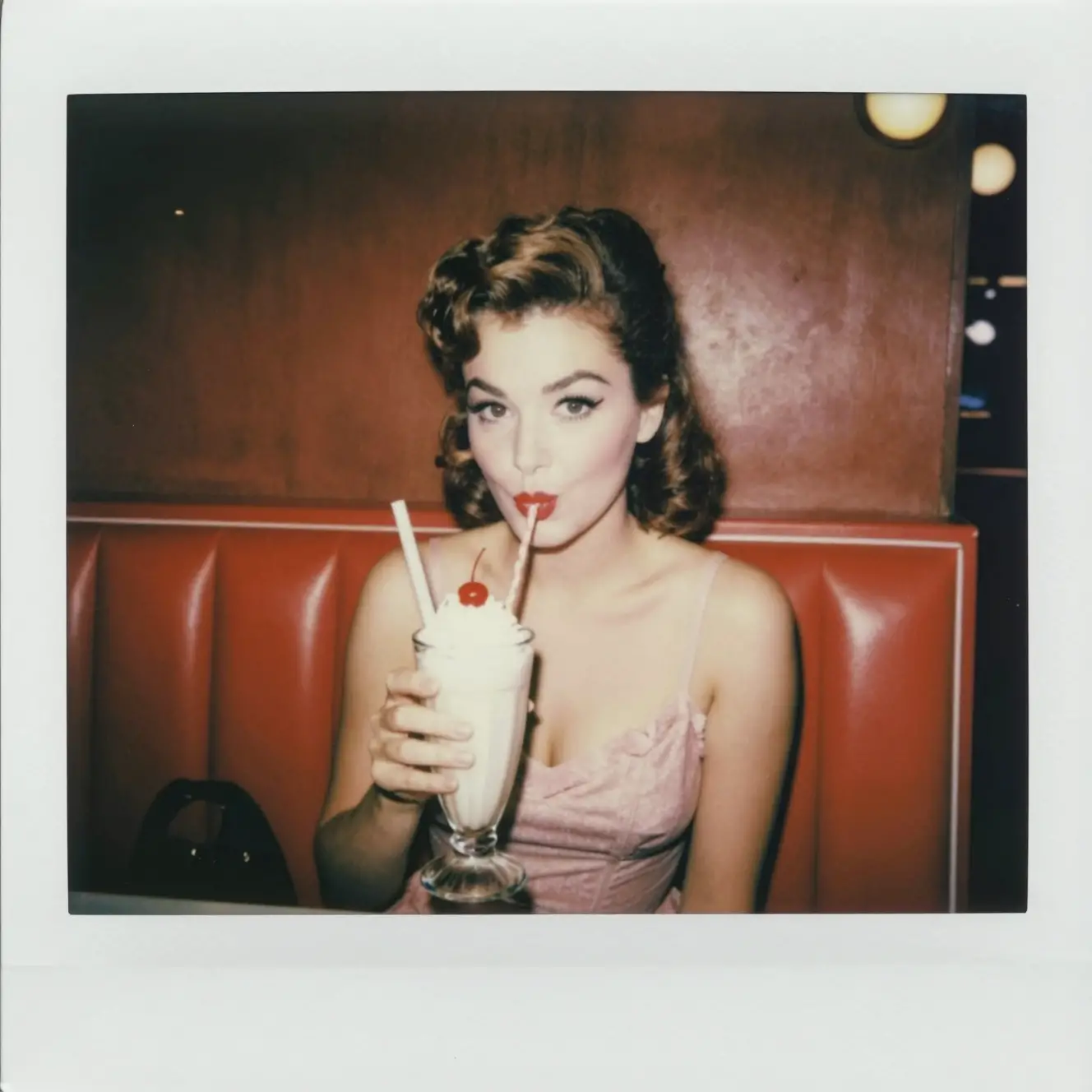 Vintage cinematic portrait of woman in red diner booth