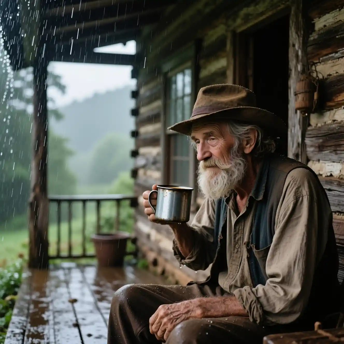 Vieux montagnard sirotant un café sur le porche d’une cabane sous la pluie