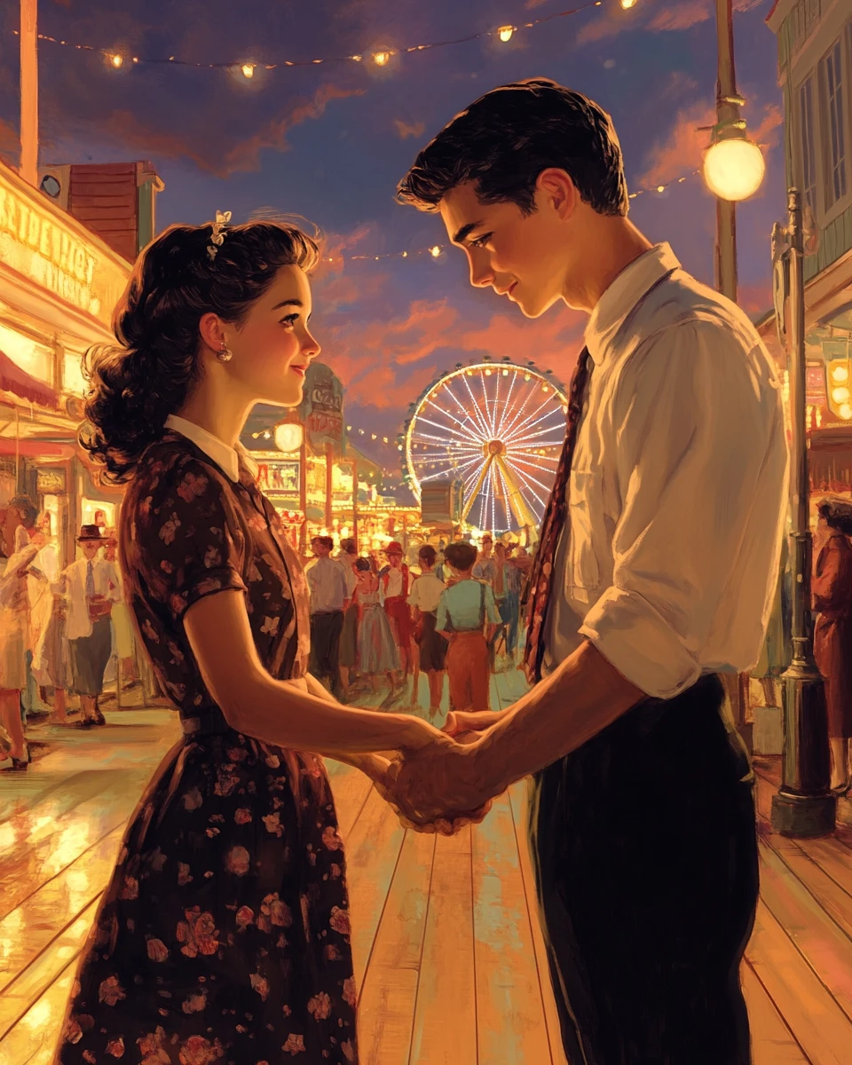 Young couple in love on a 1950s boardwalk at night