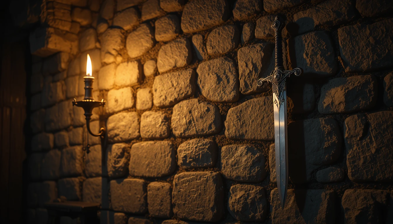Ornate sword hanging on a stone wall by torchlight