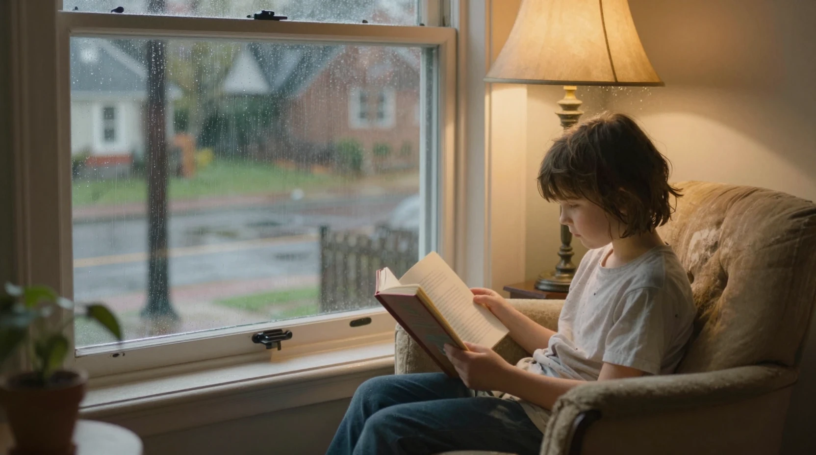 Child Reading By A Window On A Rainy Afternoon