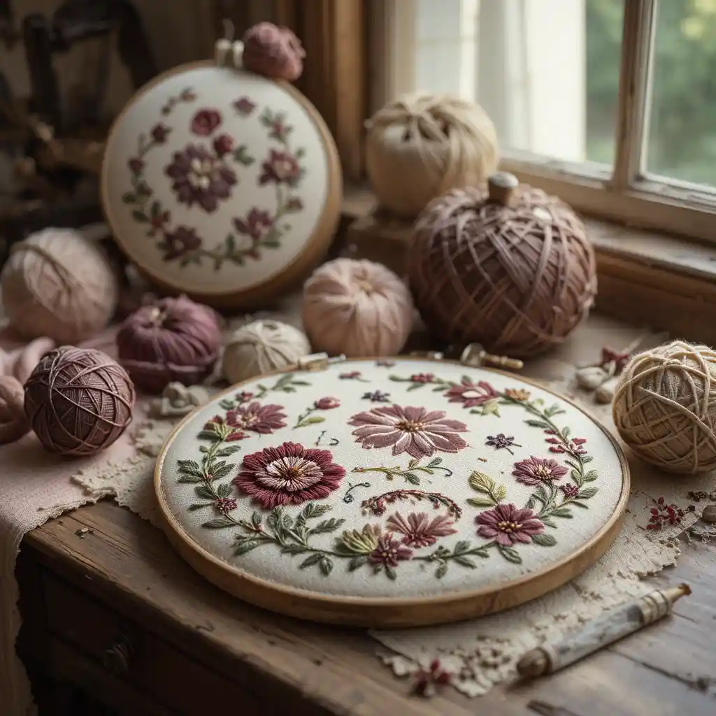 Bordados e artes com fios aconchegantes em mesa de madeira