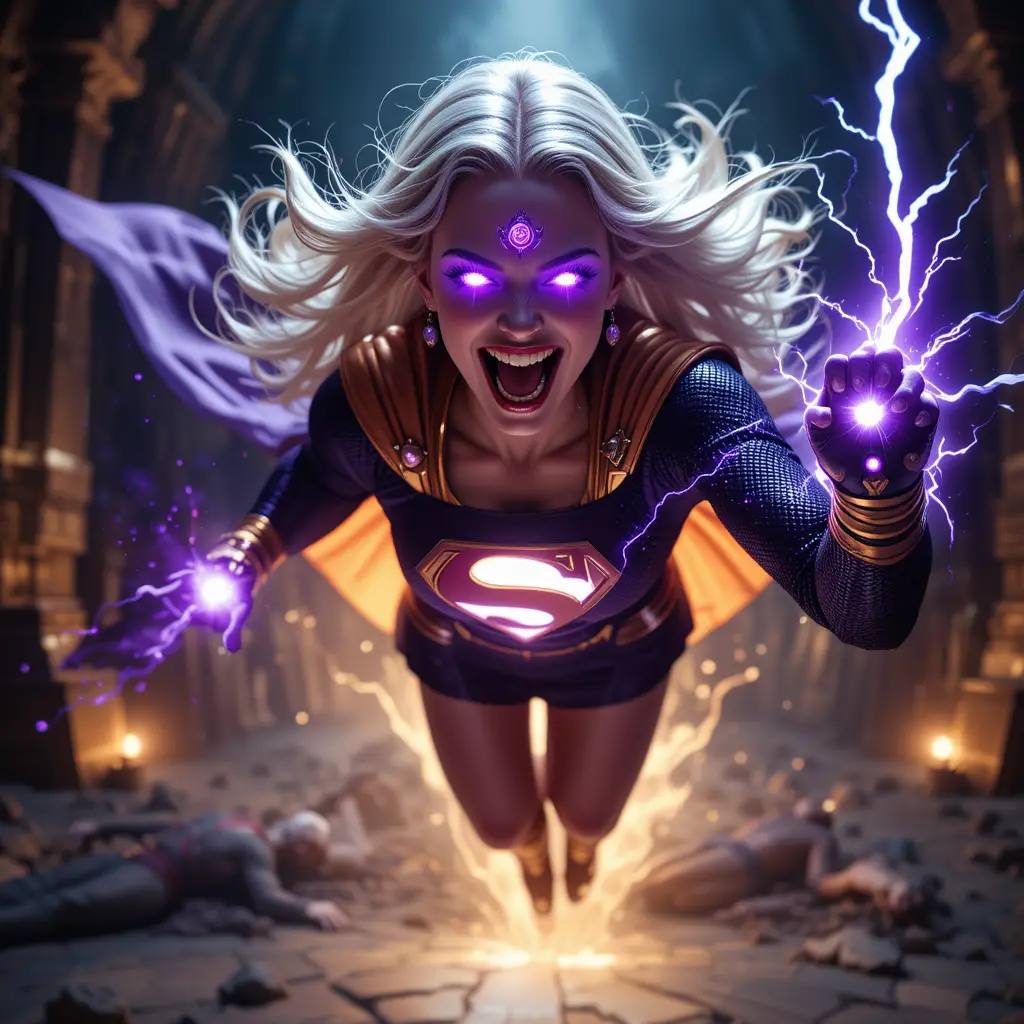 Donna superpotenziata con guanto che lancia un rituale di energia viola