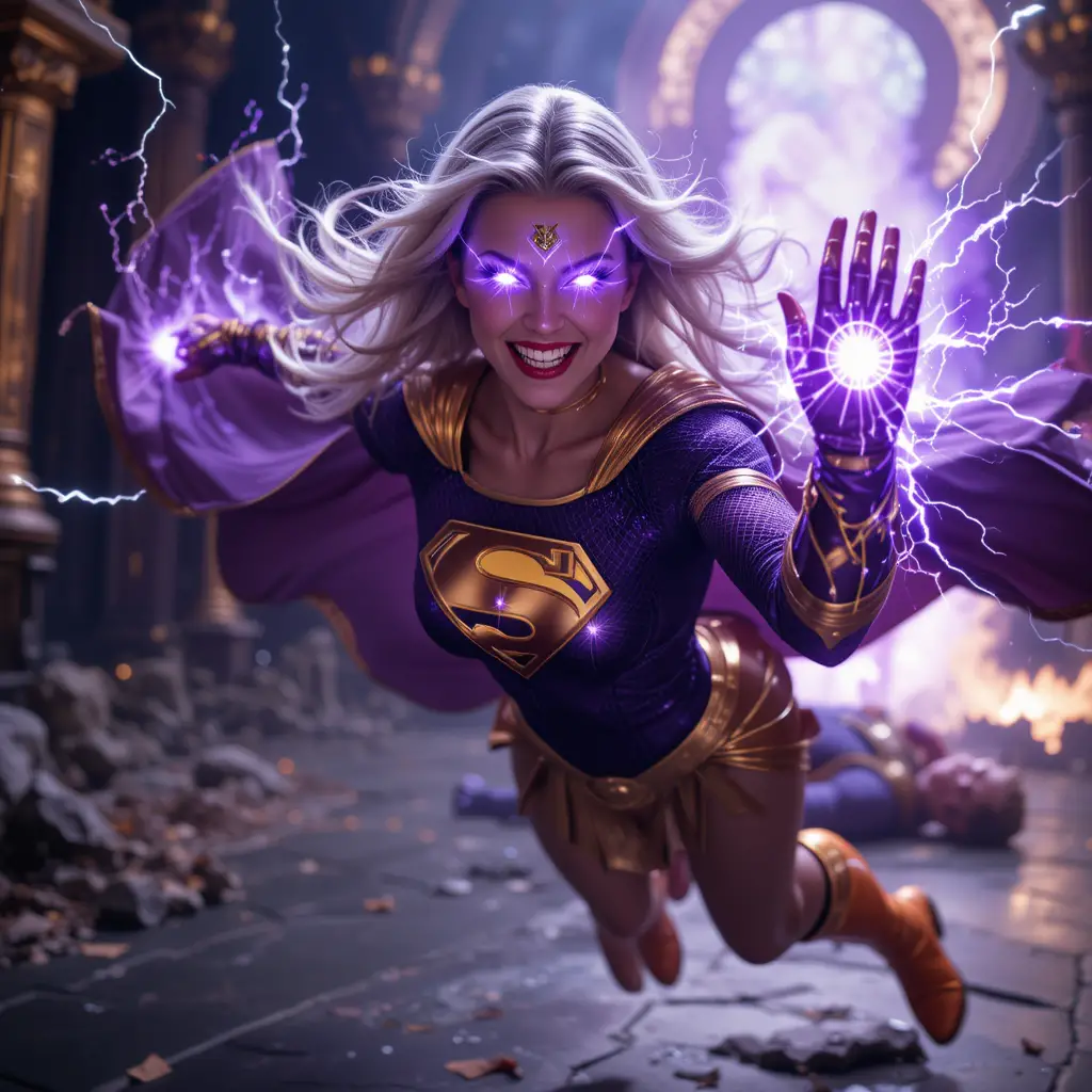 Potente superdonna con occhi viola luminosi e guanto energetico