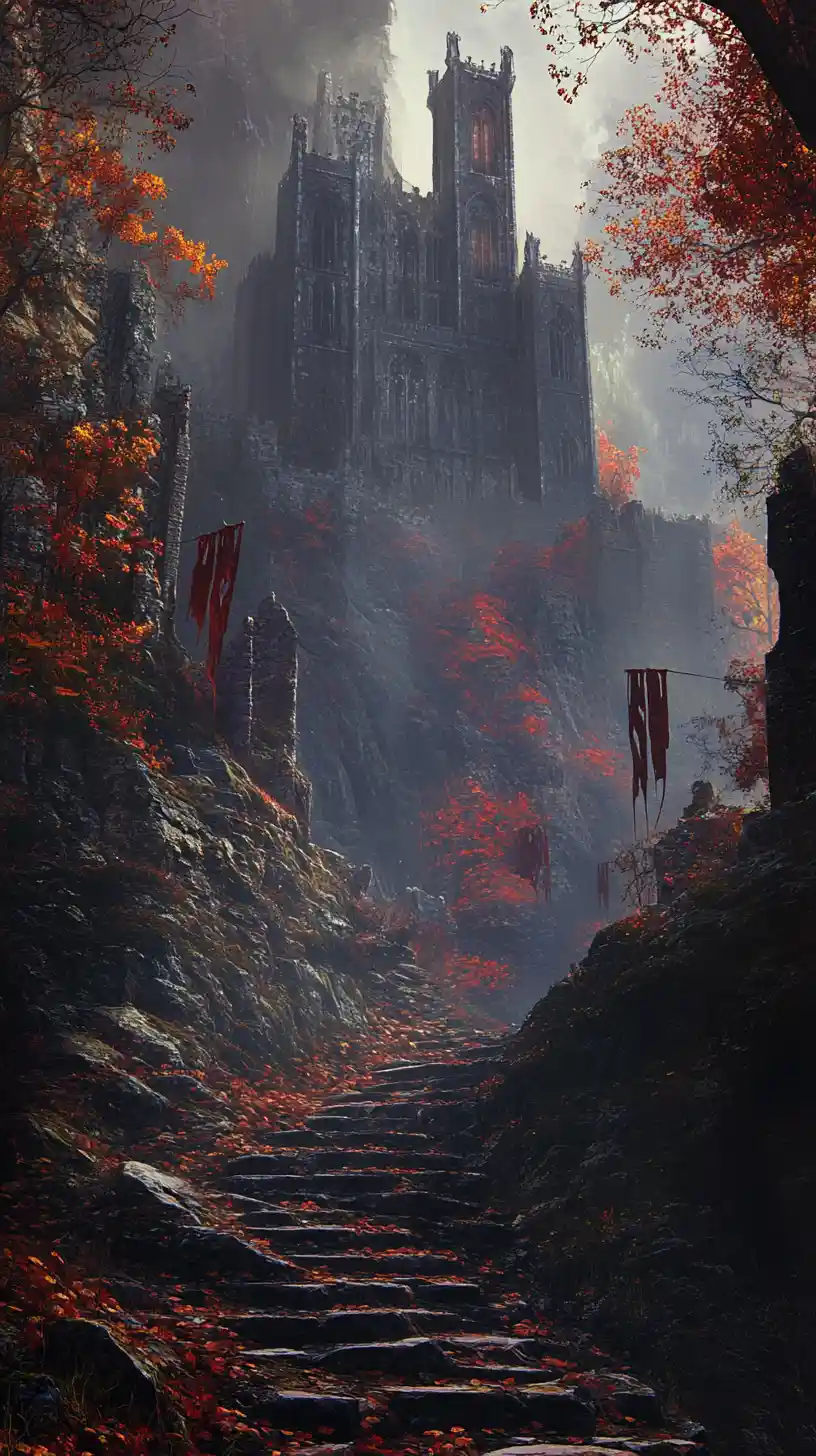 Mountain Fortress Ruin In Dreamy Autumn Mist