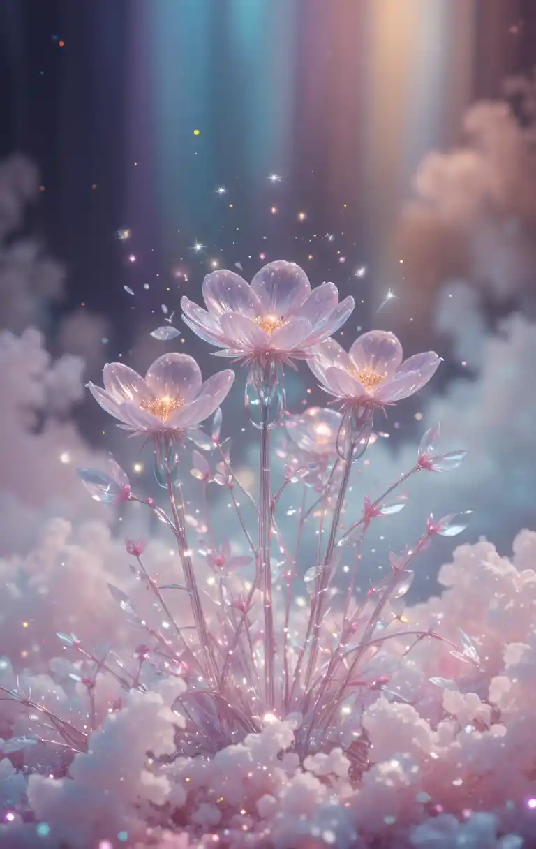 Delicado mundo de flores de vidro com fundo arco-íris enevoado