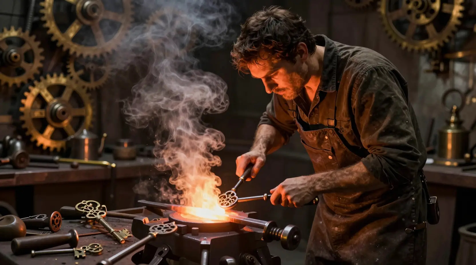 Blacksmith Forging An Ornate Key In Glowing Workshop