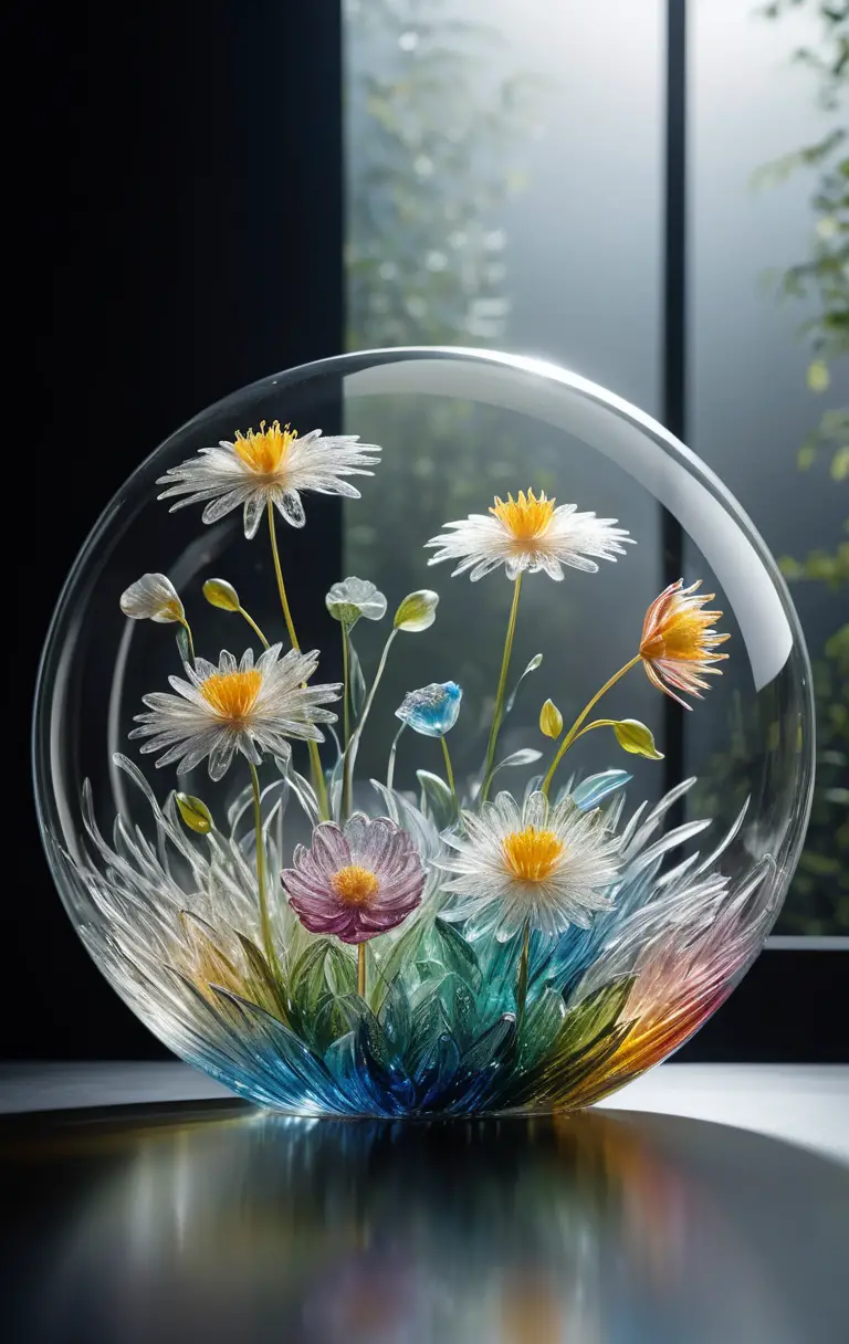 Delicate glass flowers in a luminous abstract glass world