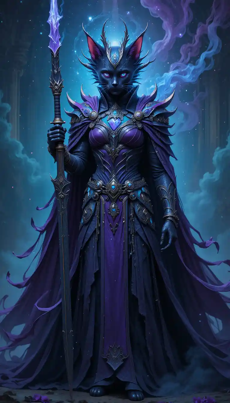 Medieval black cat warrior in turquoise and purple armor