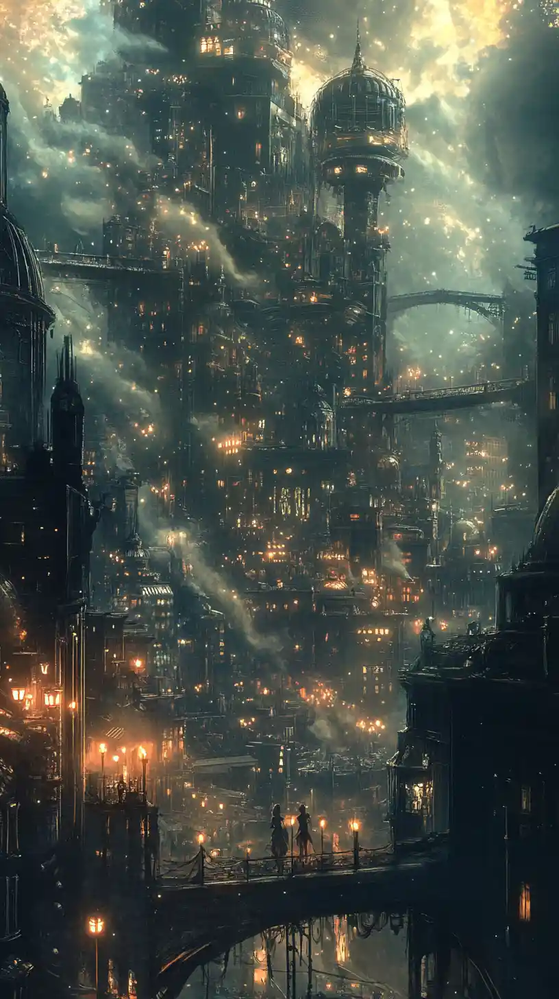 Fille solitaire dans une ville steampunk de fumée et de lumières