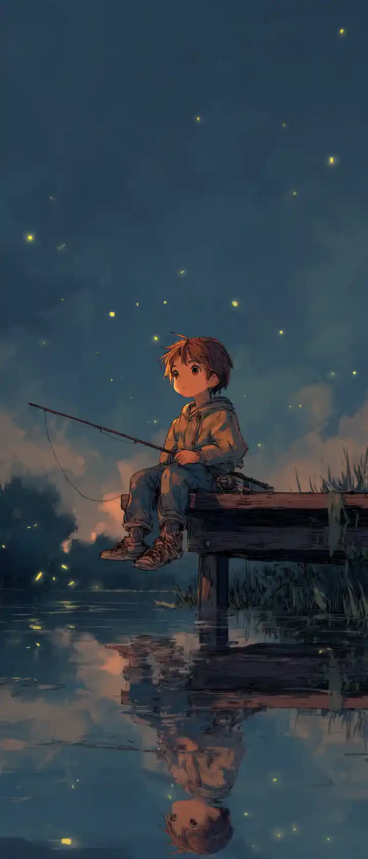 Garoto pescando sozinho em um píer tranquilo à beira do lago ao anoitecer
