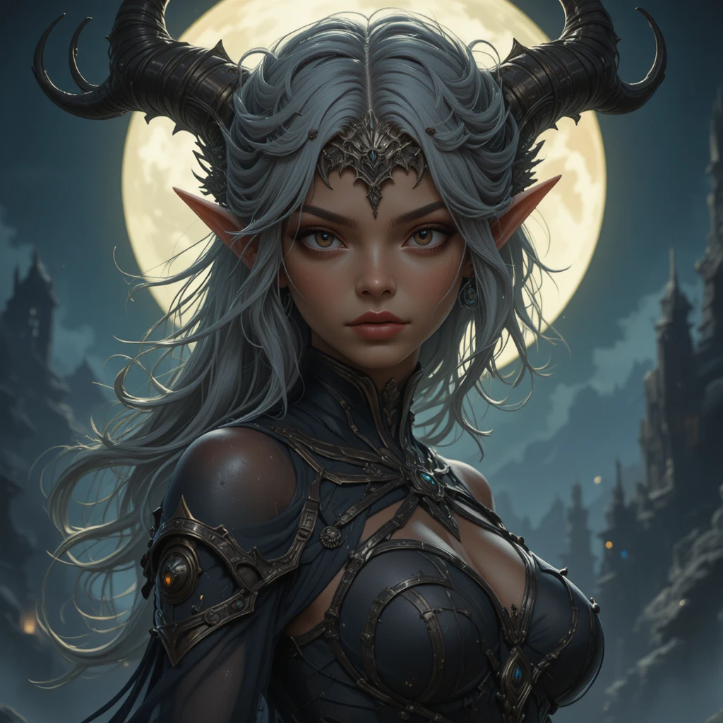 Young night goddess with tanned skin and gray hair