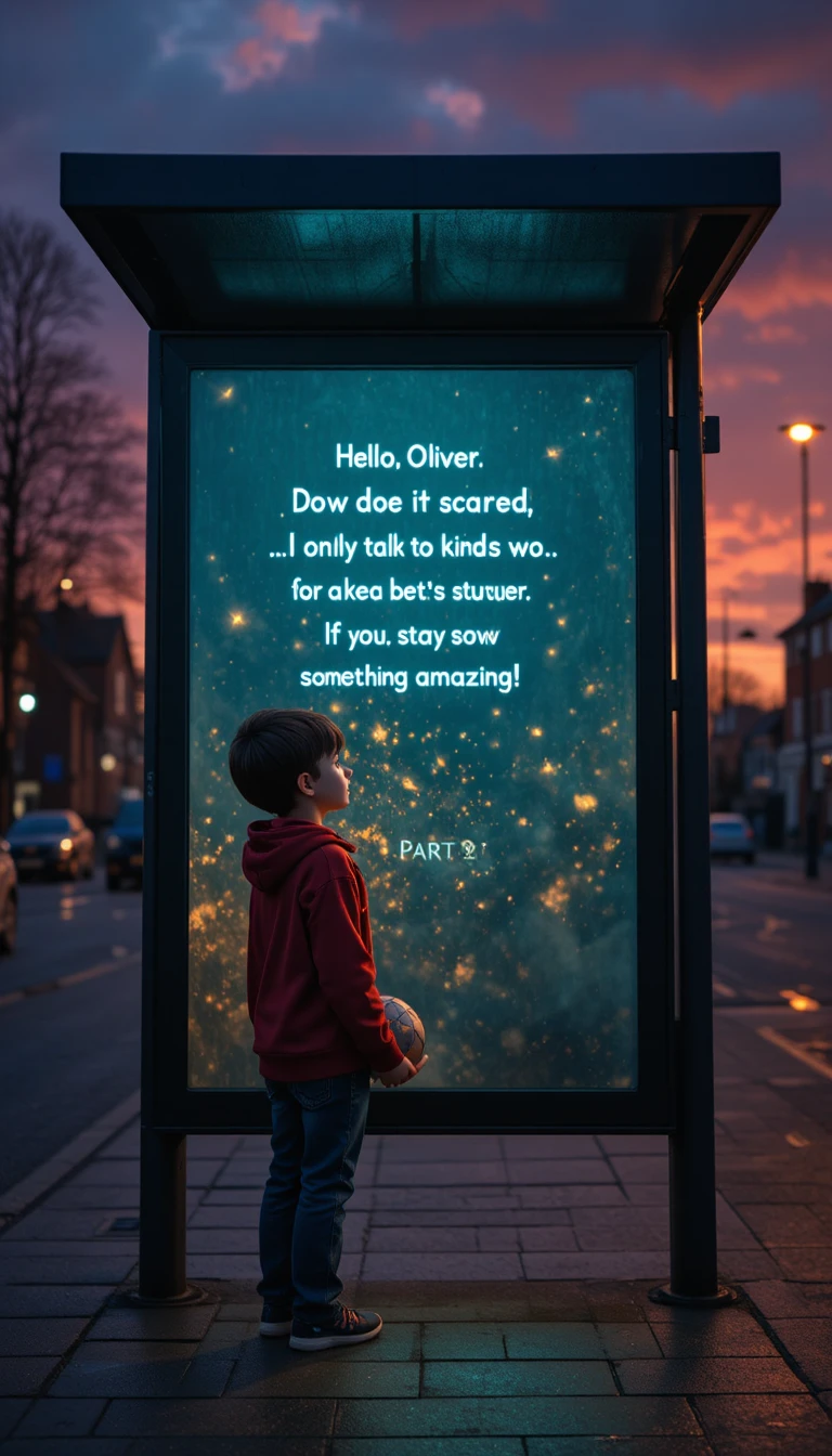 Young boy waiting at a glowing bus stop at dusk