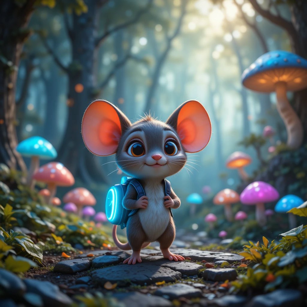 Tiny mouse with neon backpack in glowing fantasy forest