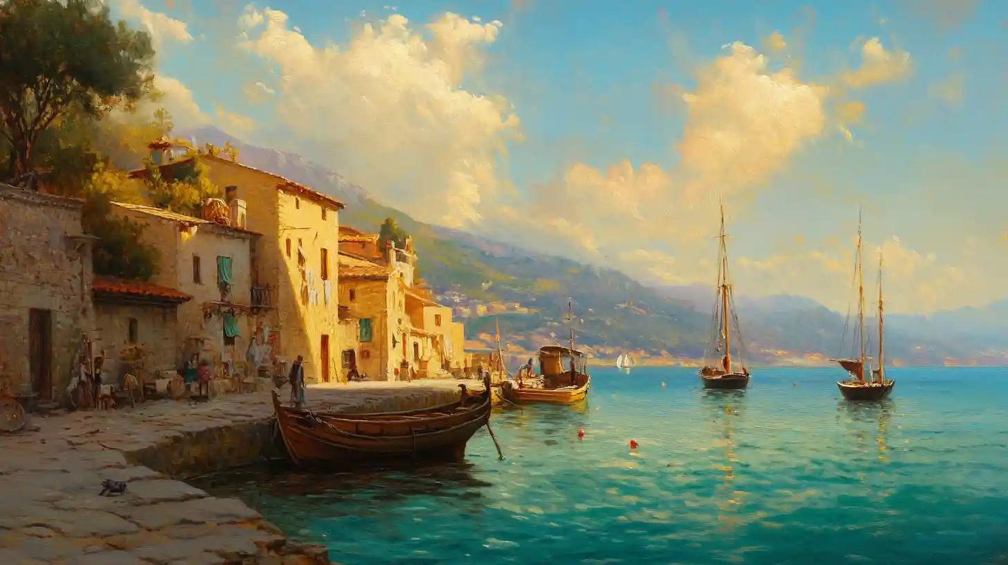Golden fishing village on a tranquil Mediterranean coast