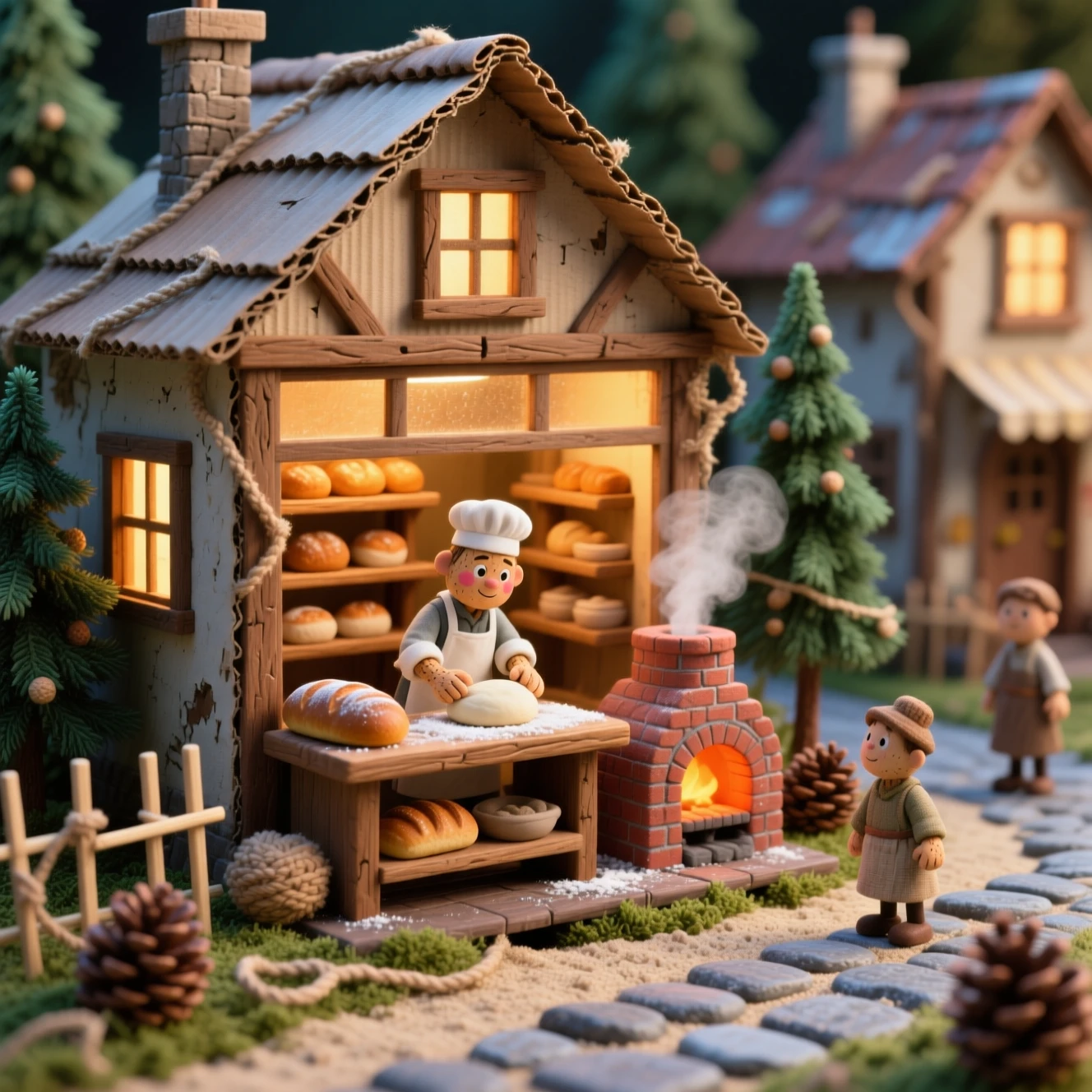 Tiny handcrafted village bakery miniature with warm window glow