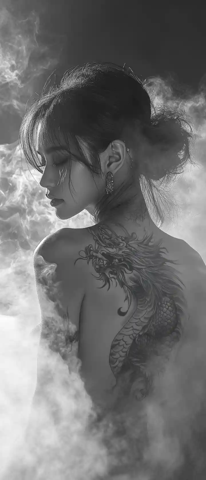Woman with dragon tattoo in smoky monochrome atmosphere