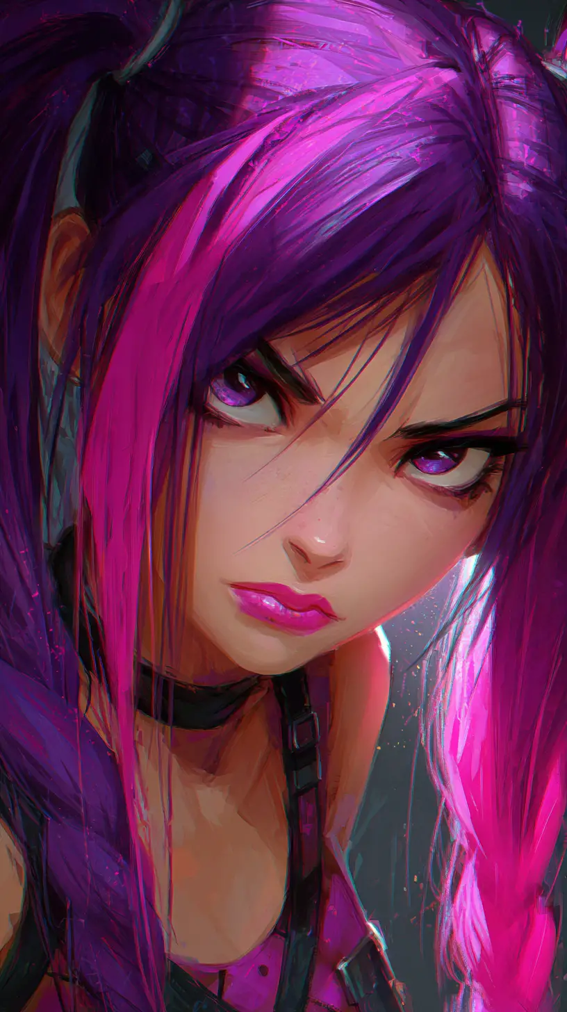 Anime punk girl close up with purple pigtails