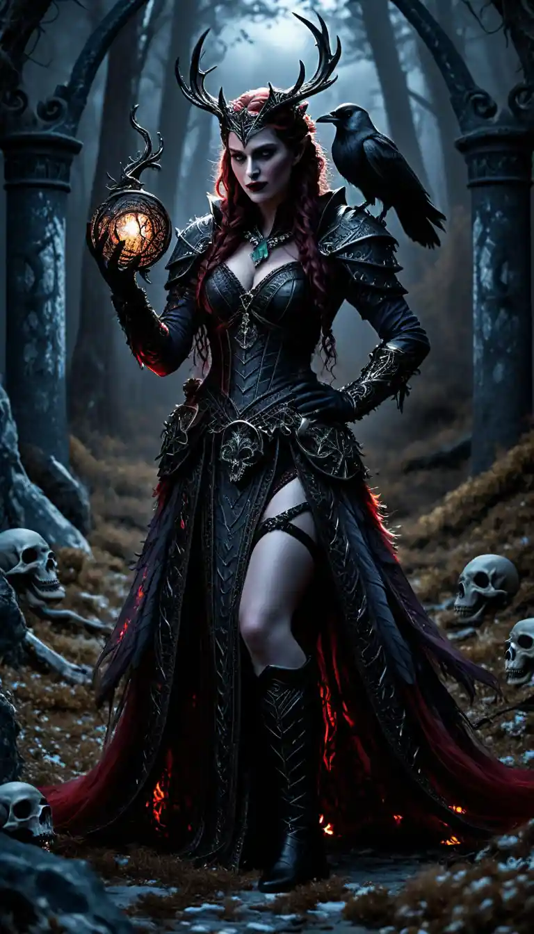 Gothic cinematic woman in mystical moonlit fantasy scene