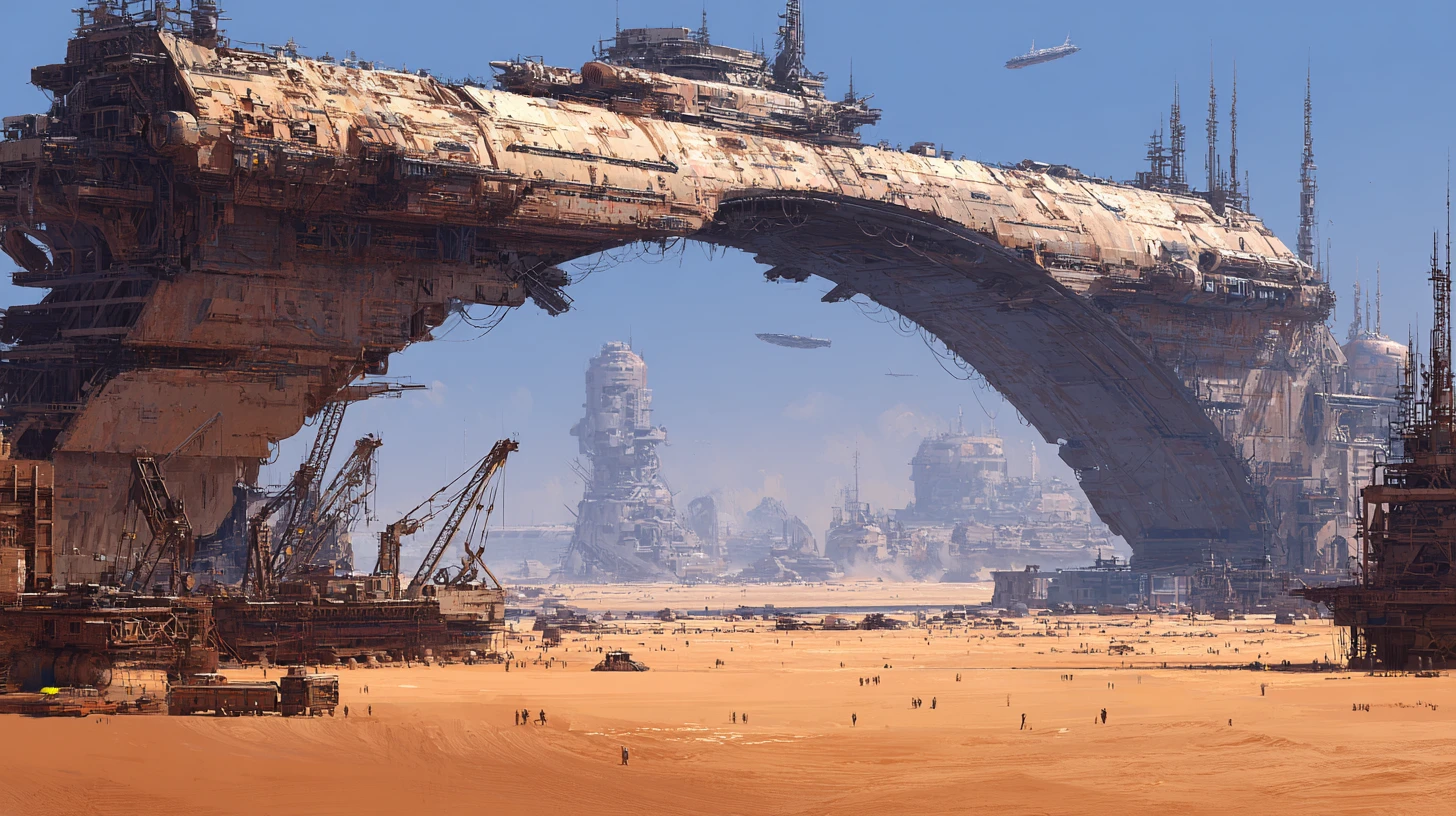 Gigantic spaceships under a towering desert refit station