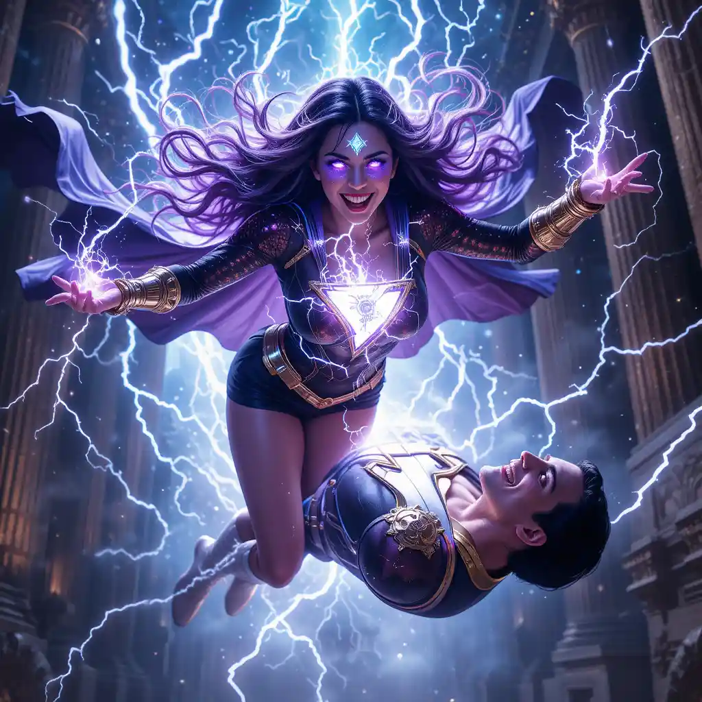Dark cosmic heroine dominating a fallen superhero