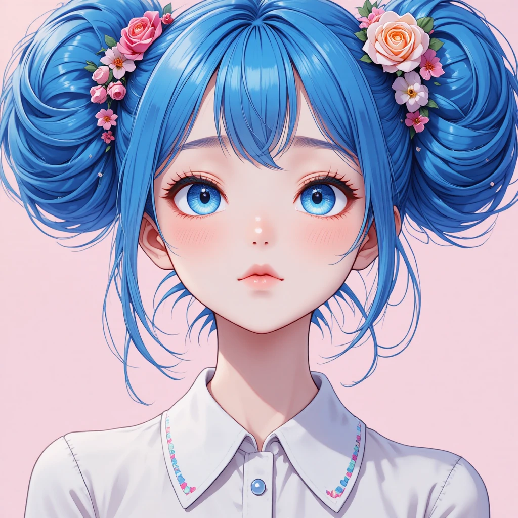 Blue haired anime girl with floral buns on pink background