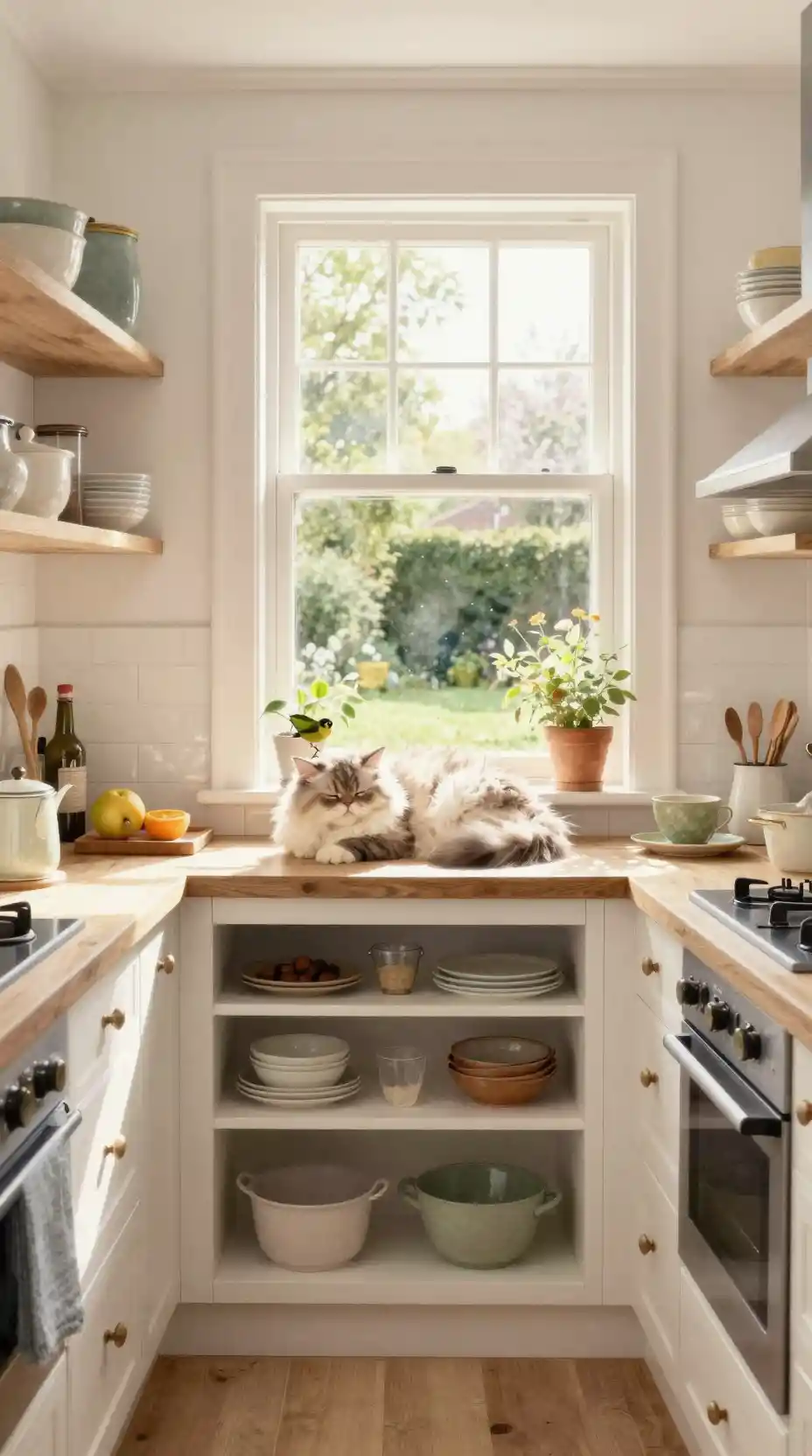 Sunlit kitchen with sleeping cat on window sill