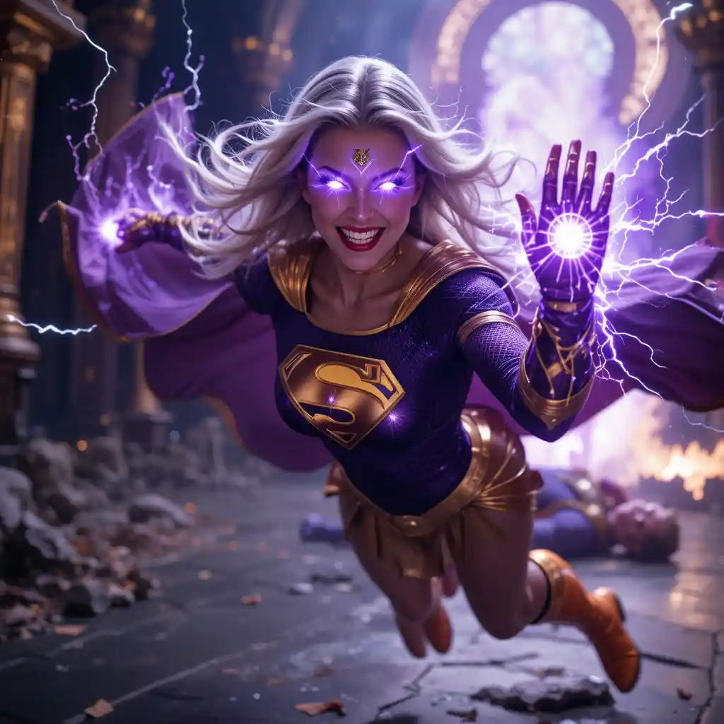 Potente superdonna con occhi viola luminosi e guanto energetico