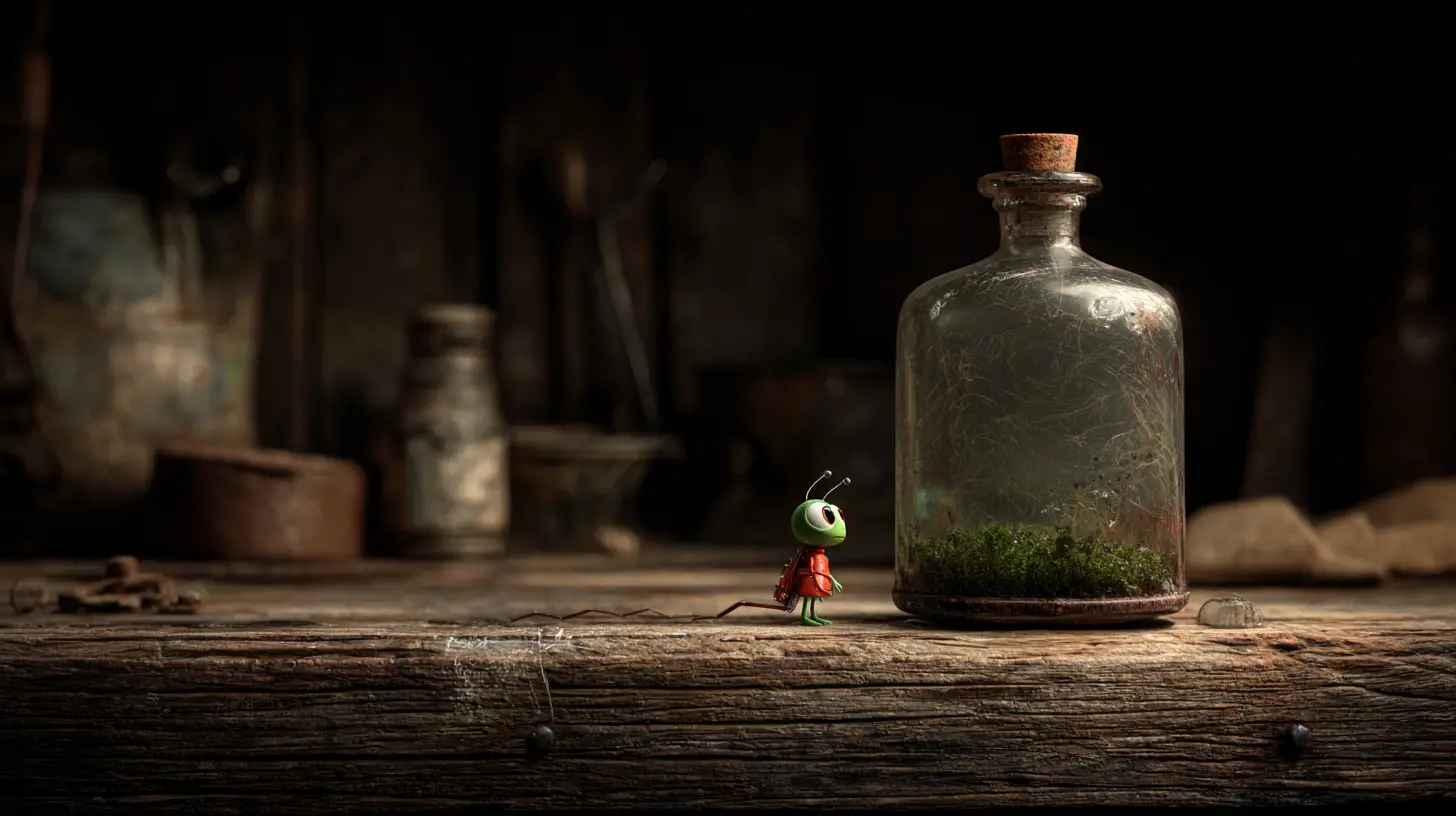 Tiny character beside glass bottle on old wooden table