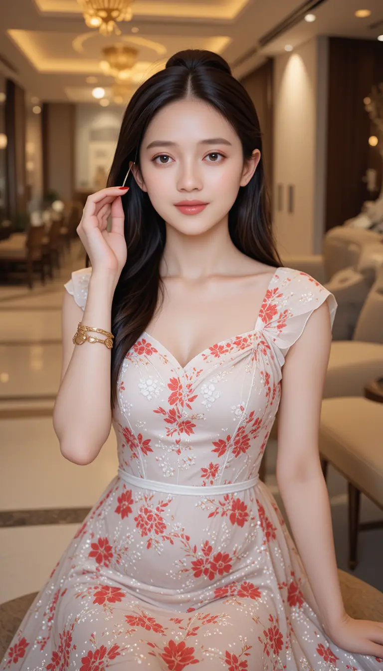 Elegant girl in floral dress posing in hotel lobby