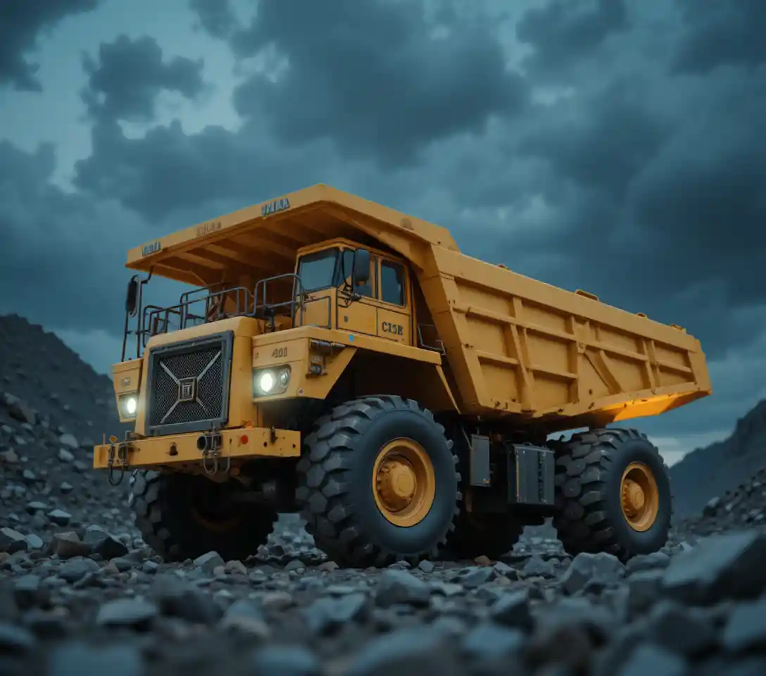 Low poly yellow dump truck loaded with polygonal rocks