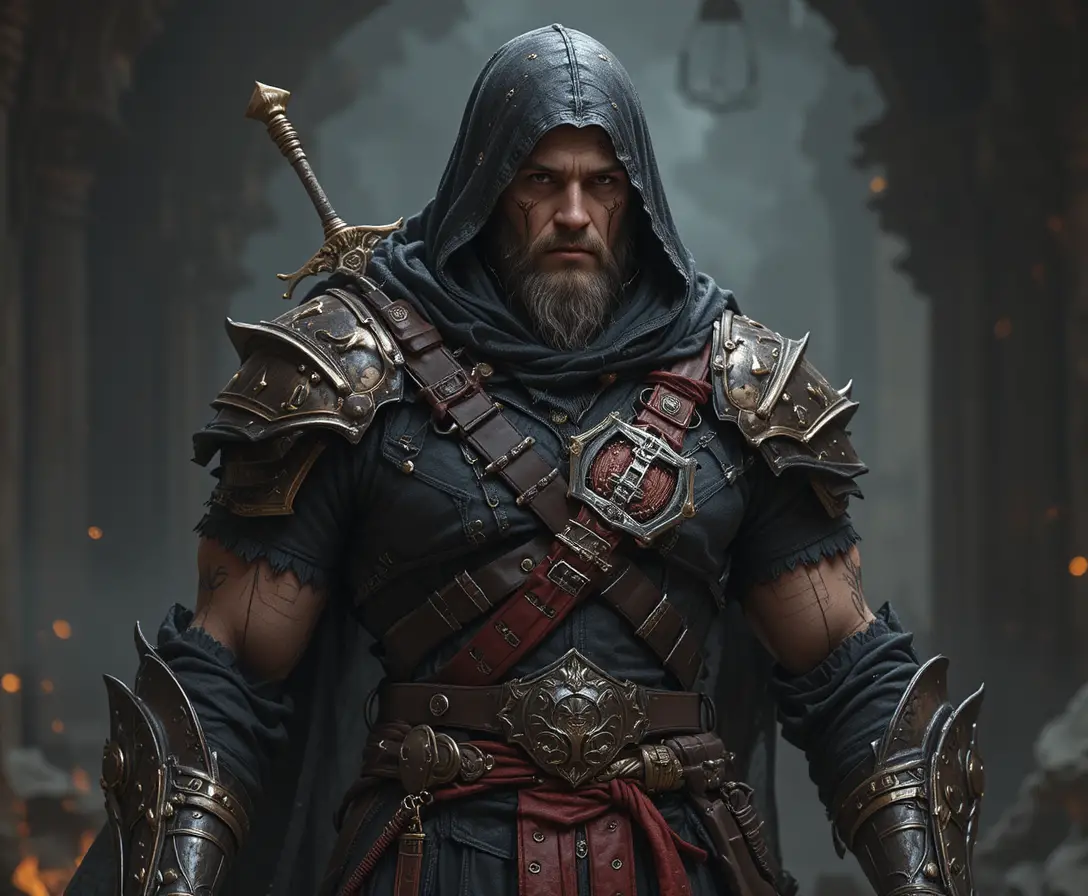 Muscular medieval assassin with black armor and daggers