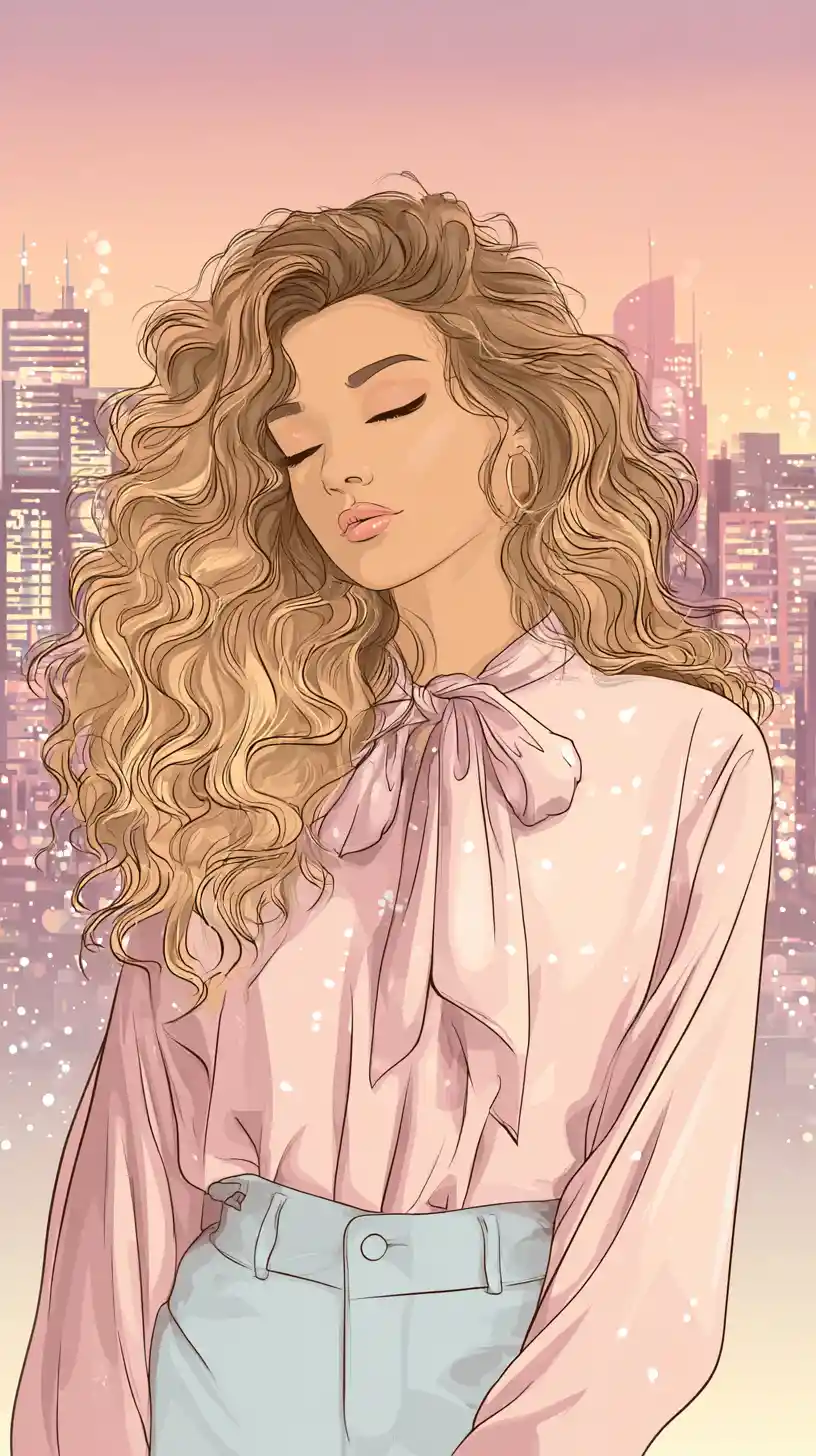 Stylish woman with long wavy hair in city fashion
