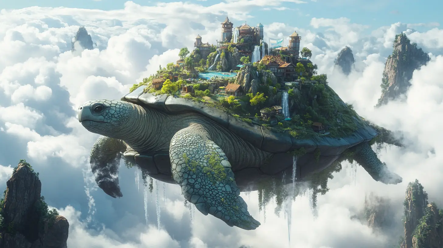 Ancient Turtle Carrying A Floating Fantasy World In The Clouds