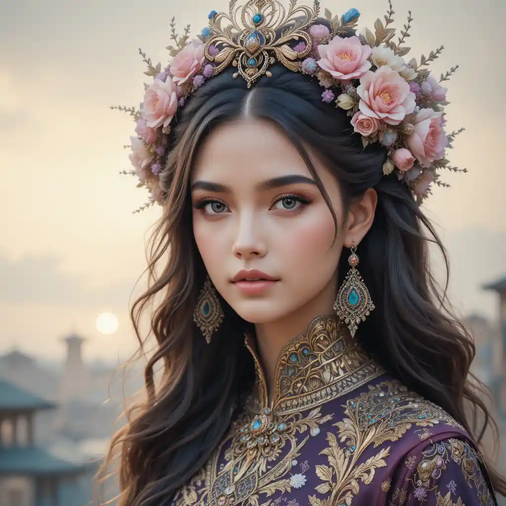 藍眼優雅少女與花卉髮飾肖像