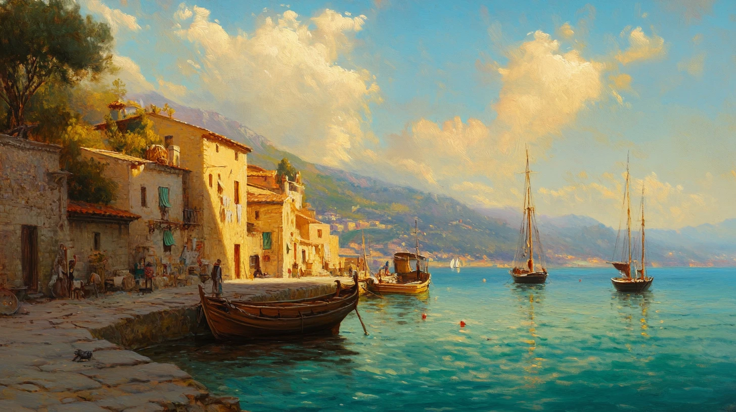 Golden fishing village on a tranquil Mediterranean coast