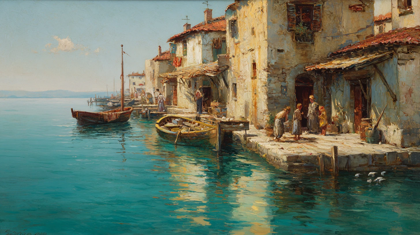 Golden oil painting of a rustic Mediterranean fishing village