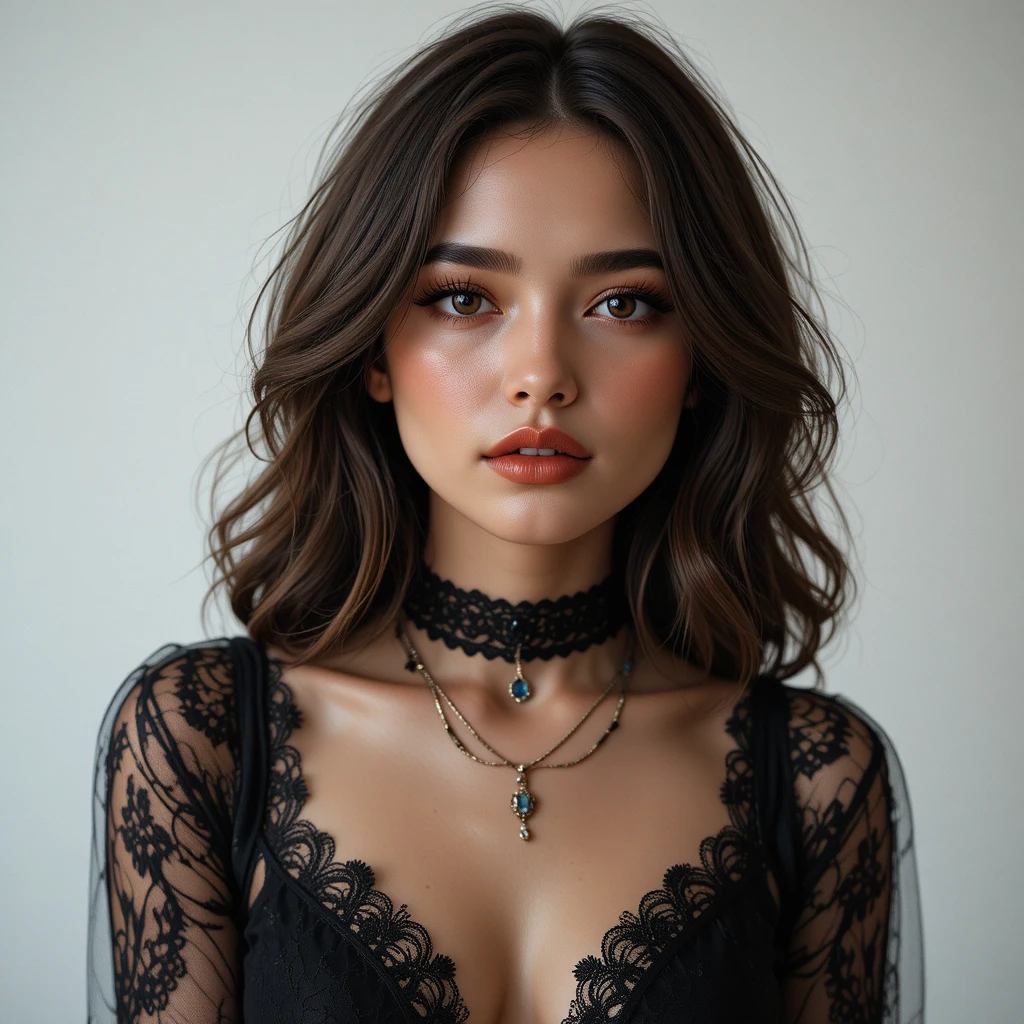 Retrato de moda de jovem mulher com blusa de renda