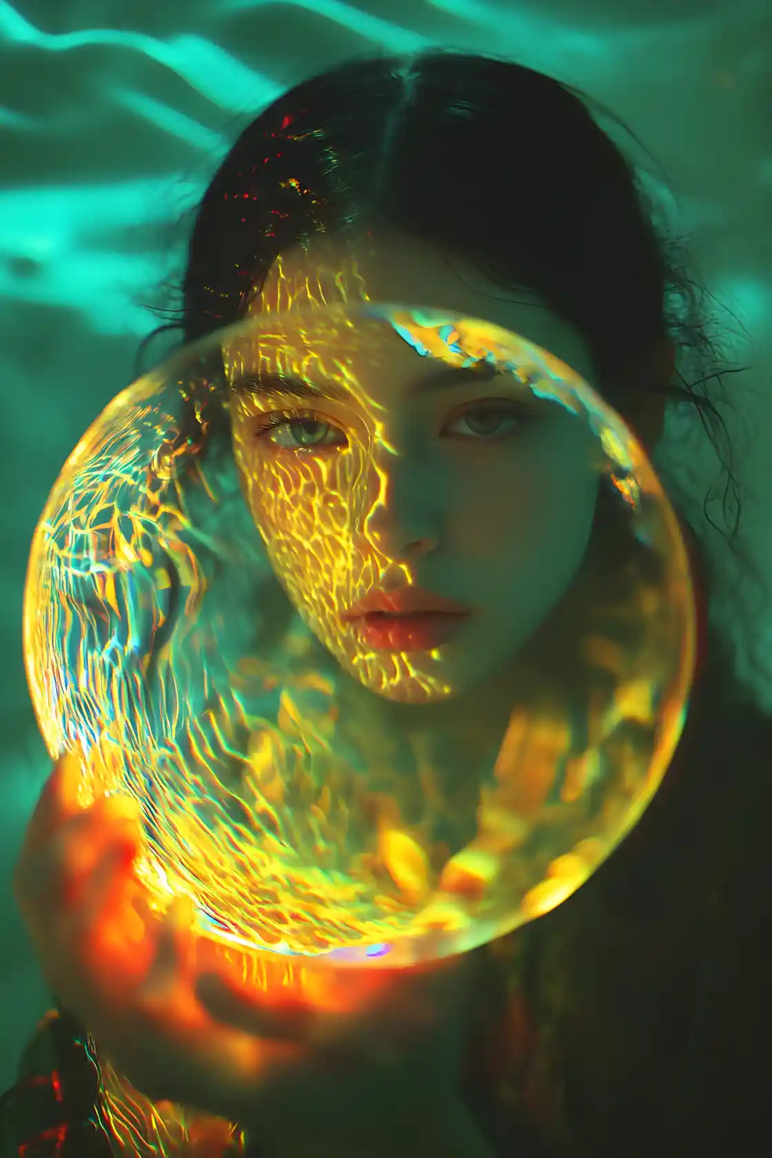Surreal analog portrait of girl with glowing golden circle