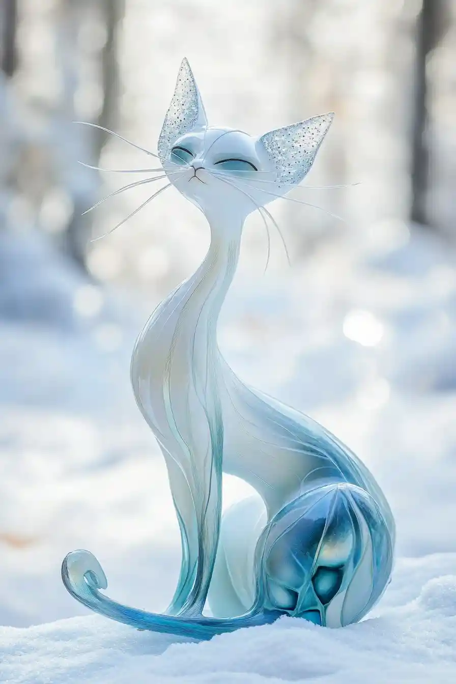 Stylized Icy Blue Cat Statue On Soft Winter Background