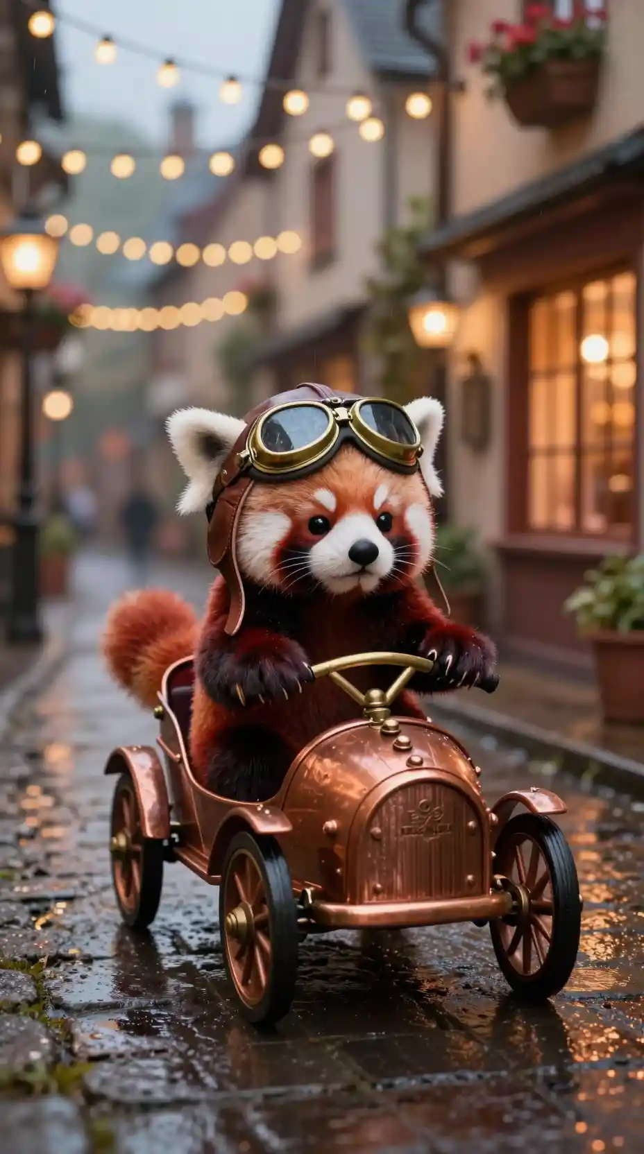 夕暮れの小さなスチームパンクカーに乗るレッサーパンダのパイロット