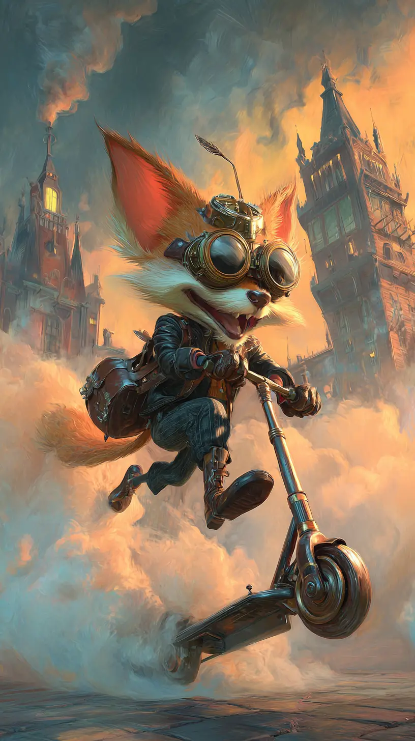 Steampunk Fox Riding Scooter In Industrial City Sunset