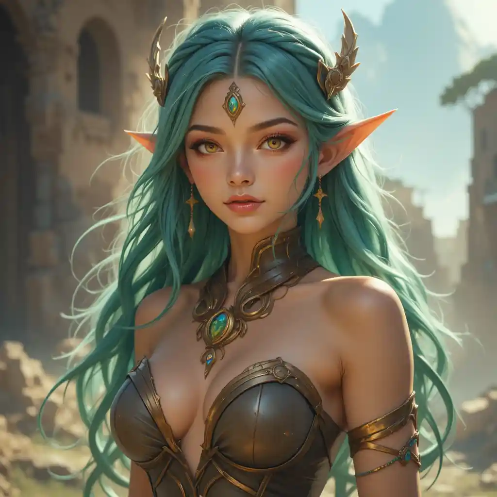Young goddess of day with light orange eyes and green hair