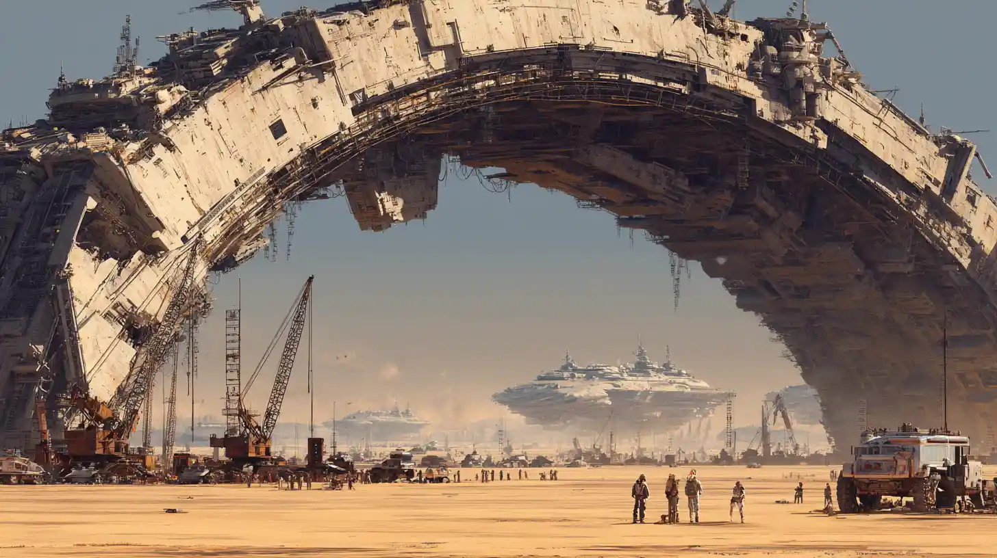 Gigantic spaceships under a colossal desert refit station