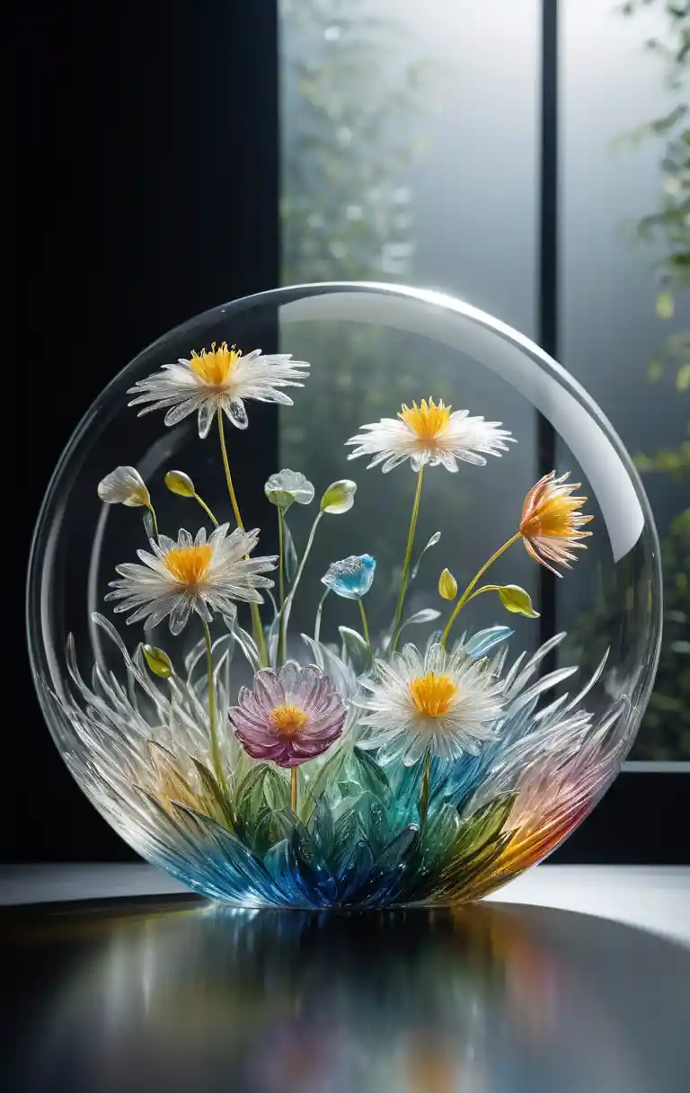 Delicate glass flowers in a luminous abstract glass world