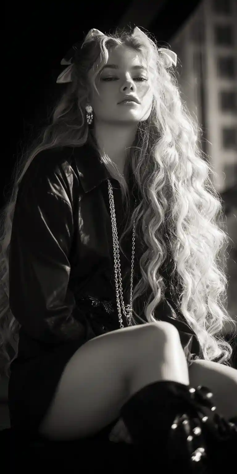 Stylish woman with long curled hair in city fashion