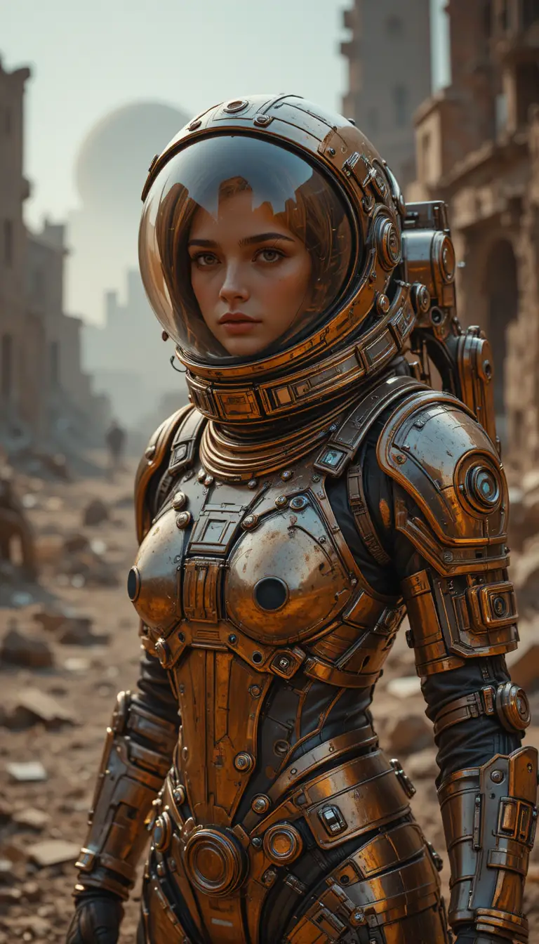 Woman in bronze sci fi armor on ruined alien world