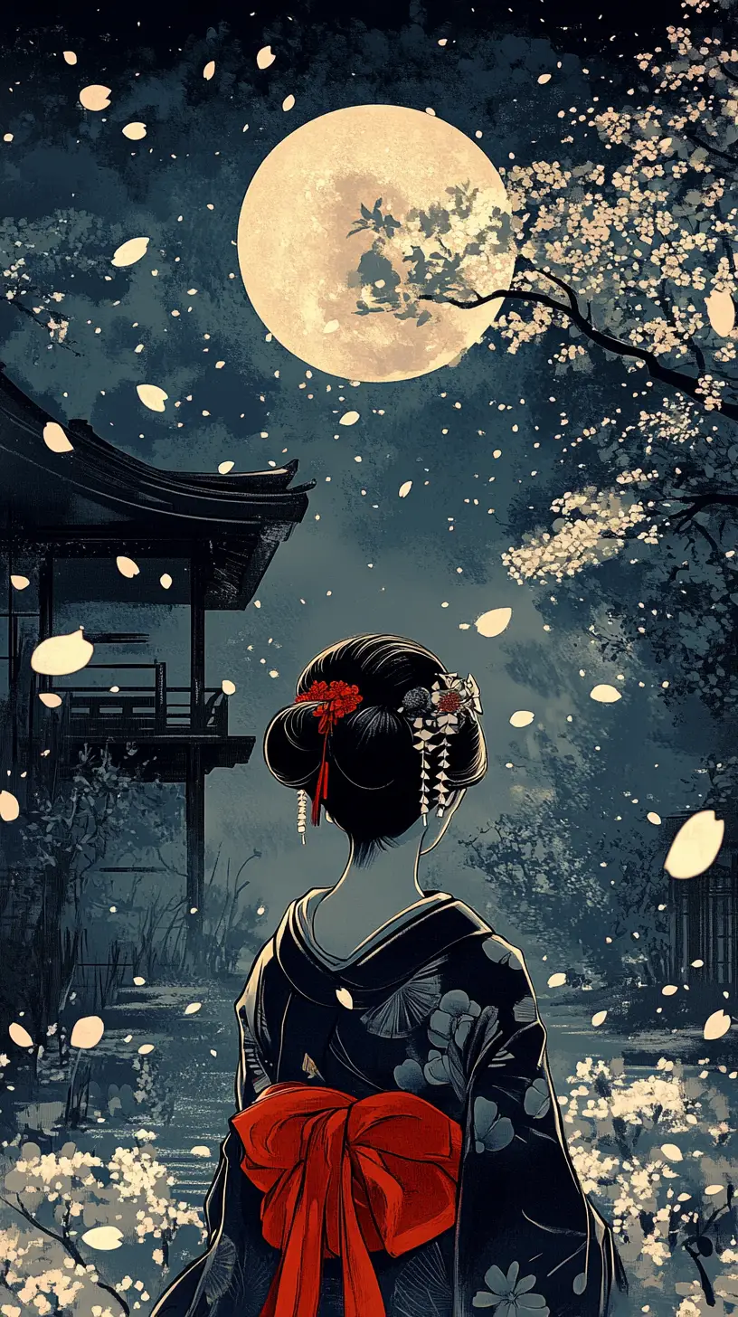 Geisha In Moonlit Japanese Garden With Falling Blossoms
