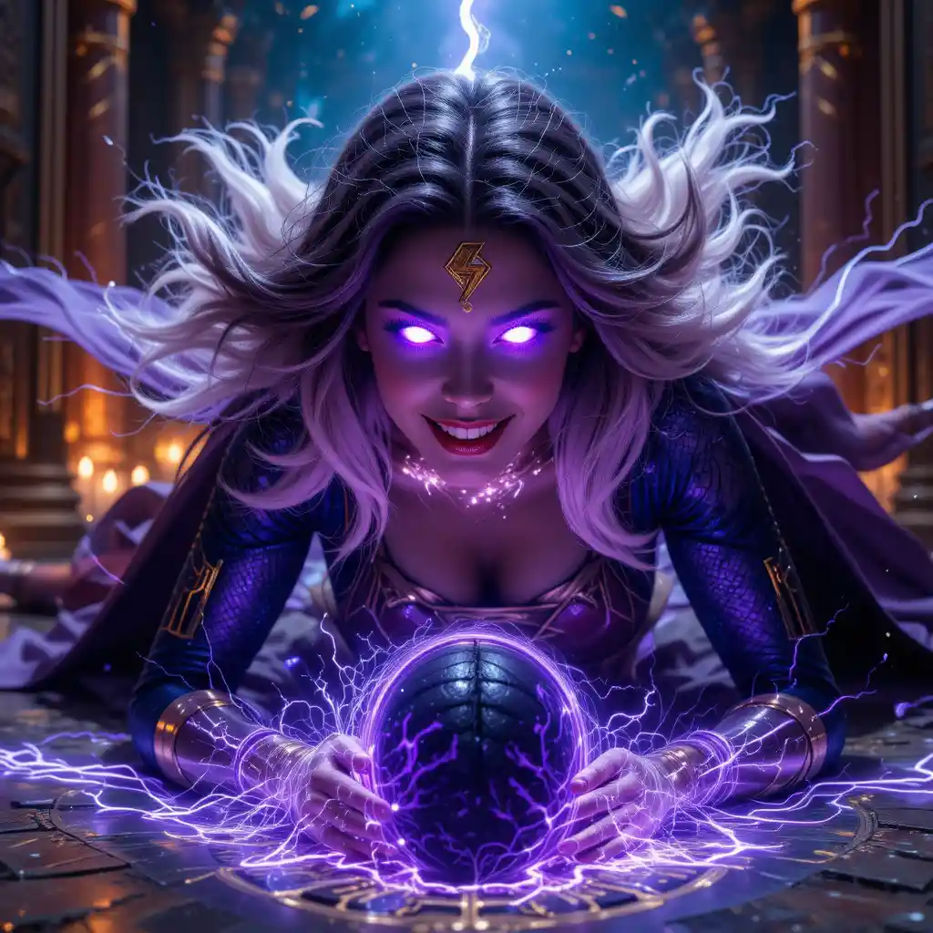 Dark superpowered woman draining hero with glowing third eye