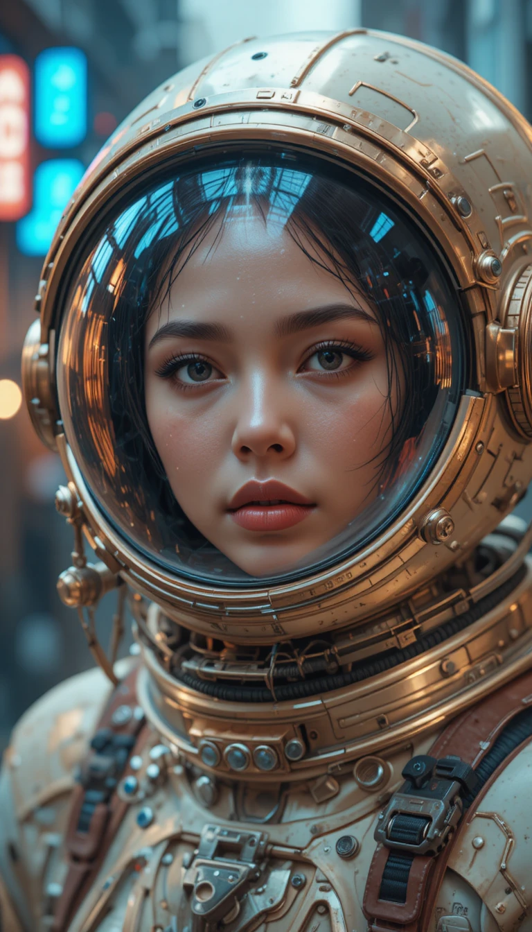 Woman in astronaut helmet in a neon cyberpunk cityscape